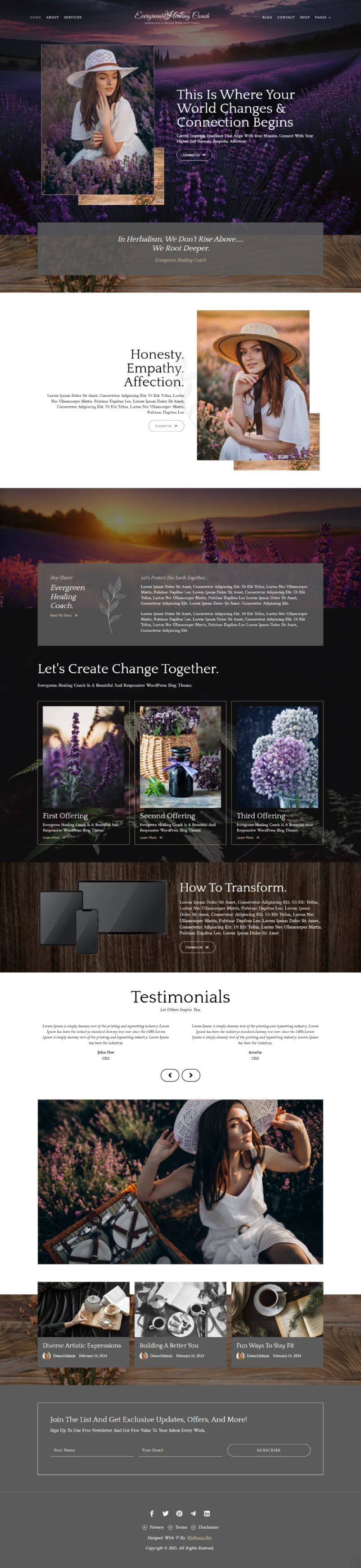 Evergreen Healing Coach WordPress Template Home Page